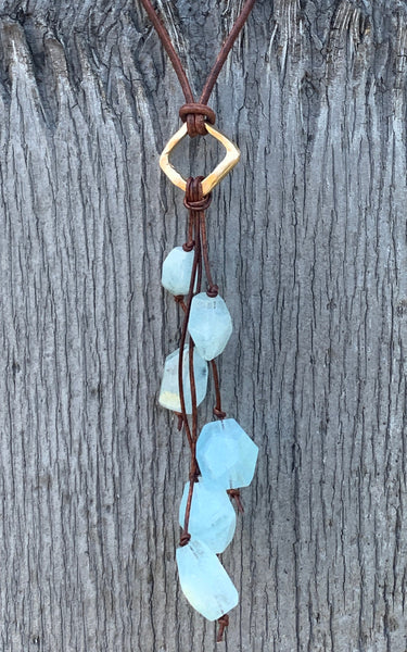 Handmade Organic Bronze Diamond Leather Adjustable Lariat Necklace with Variegated Aquamarine Cluster