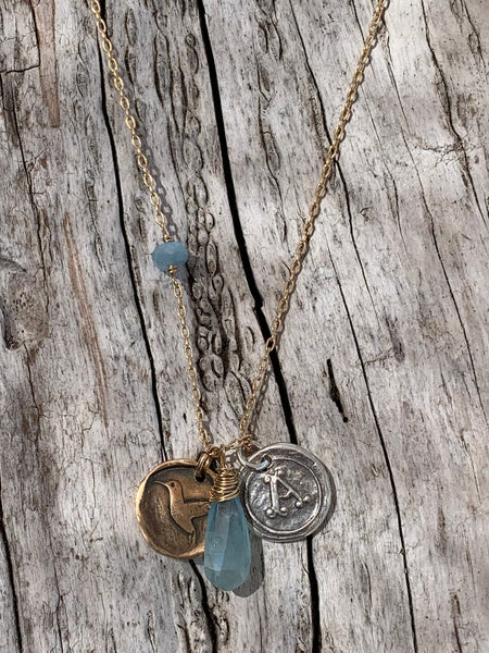 Memorial 14K Gold Fill Necklace with Sterling Silver Letter & Bronze Hummingbird Charms with Aquamarine Drop