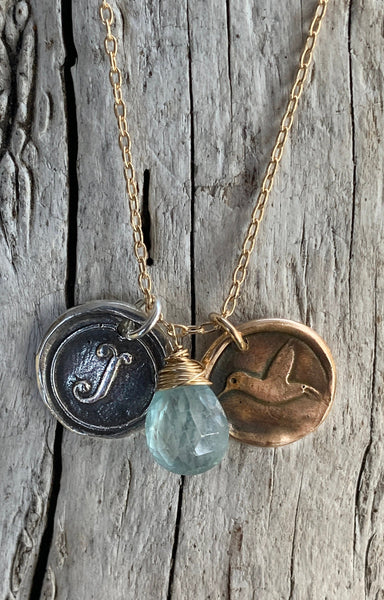 Memorial 14K Gold Fill Necklace with Sterling Silver Letter & Bronze Hummingbird Charms with Aquamarine Drop