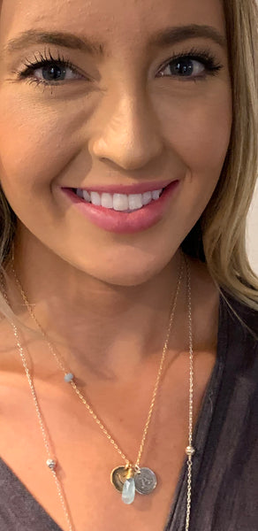 Memorial 14K Gold Fill Necklace with Sterling Silver Letter & Bronze Hummingbird Charms with Aquamarine Drop
