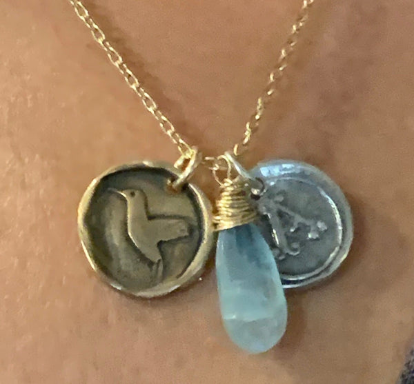 Memorial 14K Gold Fill Necklace with Sterling Silver Letter & Bronze Hummingbird Charms with Aquamarine Drop