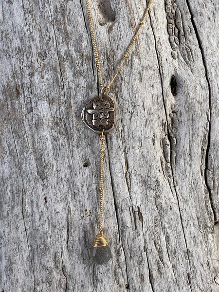 Handmade Gold Fill Double Happiness Lariat Delicate Necklace with Labradorite drop Drop