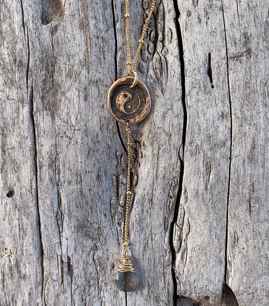 Handmade Gold Fill Yin Yang Charm Lariat Delicate Necklace with Labradorite Drop