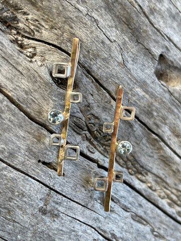14K Gold Fill Earrings with Silver Tube Set Aquamarine and Silver Squares
