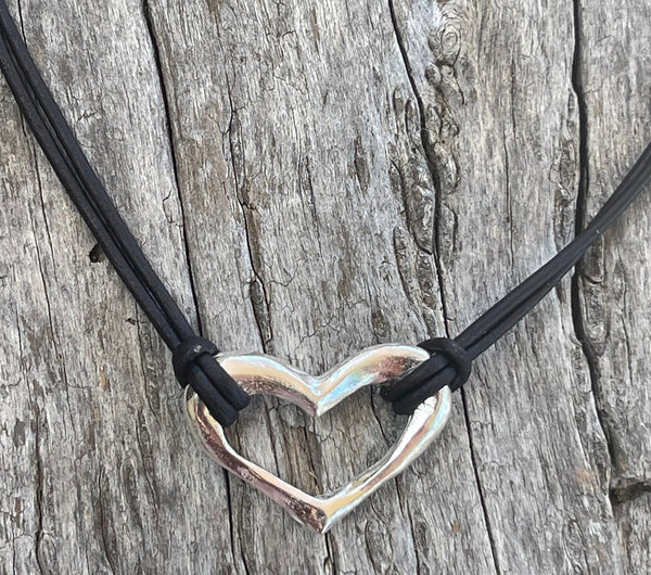 Handmade Sterling Heart Necklace on 1.5 MM Antique Brown Leather Cord with Loop and Pearl Closure