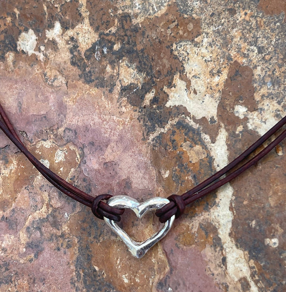Handmade Sterling Heart Choker on 1 MM Antique Brown Leather Cord with Loop and Pearl Closure