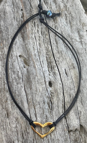 Handmade Bronze Heart Necklace on 1.5 MM Antique Brown Leather Cord with Loop and Pearl Closure