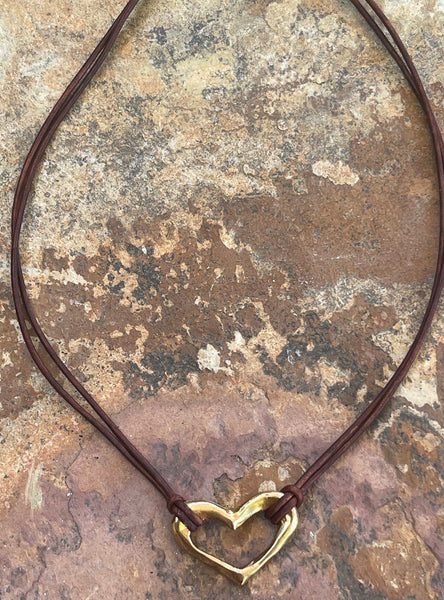 Handmade Bronze Heart Necklace on 1.5 MM Antique Brown Leather Cord with Loop and Pearl Closure