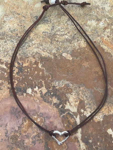 Handmade Sterling Heart Choker on 1 MM Antique Brown Leather Cord with Loop and Pearl Closure