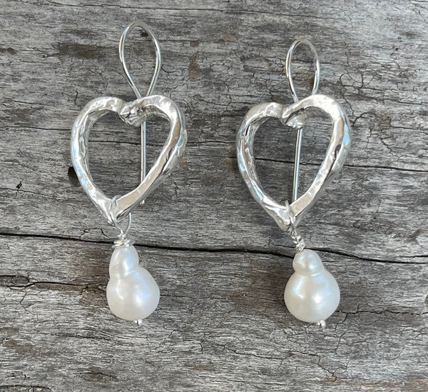 Sterling Silver Heart Earrings with Baroque Pearls