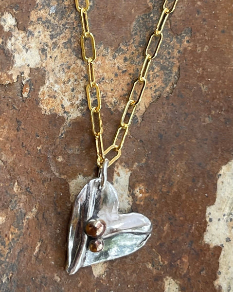 Sterling Silver Organic Two Peas in a Pod Heart Necklace on 14k GF Paper Clip Chain