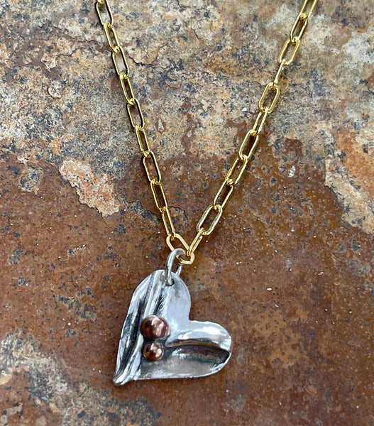 Sterling Silver Organic Two Peas in a Pod Heart Necklace on 14k GF Paper Clip Chain