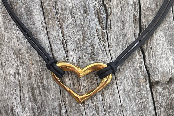 Handmade Bronze Heart Necklace on 1.5 MM Antique Brown Leather Cord with Loop and Pearl Closure