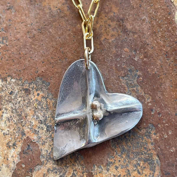 Sterling Silver Organic Two Peas in a Pod Heart Necklace on 14k GF Paper Clip Chain