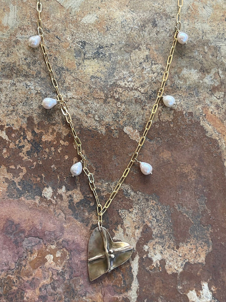 Bronze Organic Two Peas in a Pod Heart Necklace on 14k GF Paper Clip Chain