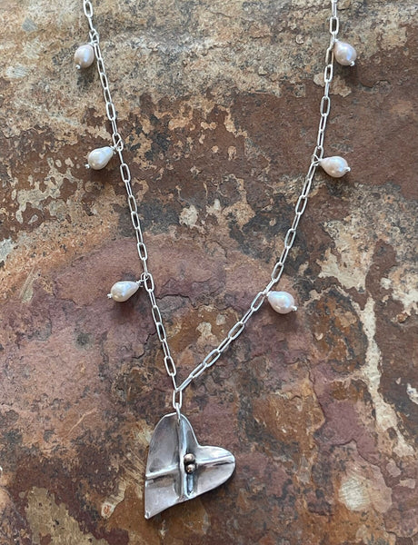 Sterling Silver Organic Two Peas in a Pod Heart Necklace on Sterling Silver Paper Clip Chain