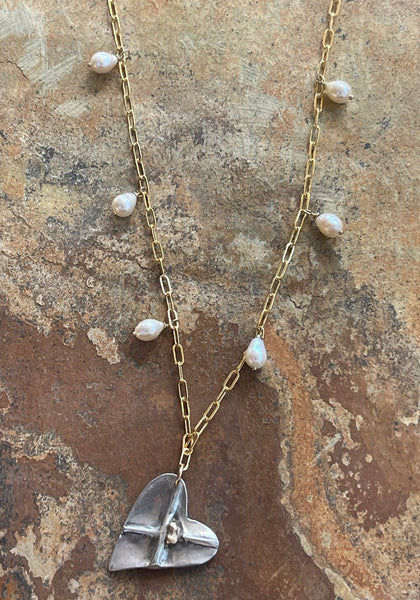 Sterling Silver Organic Two Peas in a Pod Heart Necklace on 14k GF Paper Clip Chain