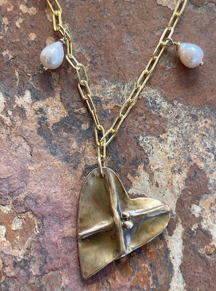 Bronze Organic Two Peas in a Pod Heart Necklace on 14k GF Paper Clip Chain