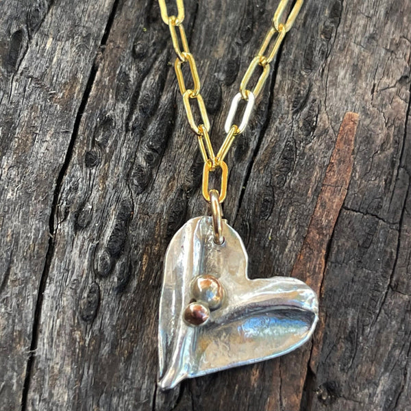 Sterling Silver Organic Two Peas in a Pod Heart Necklace on 14k GF Paper Clip Chain