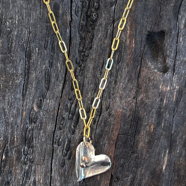 Sterling Silver Organic Two Peas in a Pod Heart Necklace on 14k GF Paper Clip Chain