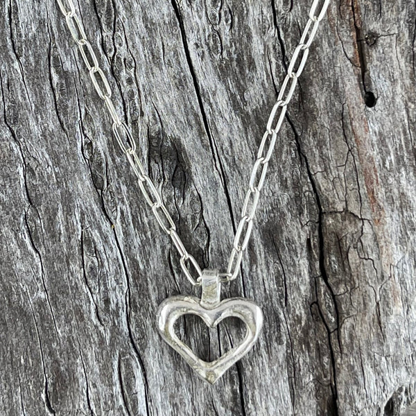 Sterling Silver Organic Heart Pendant on Sterling Silver Paper Clip Chain