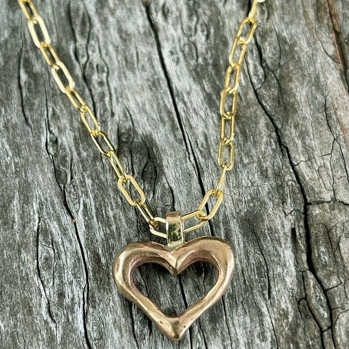 Bronze Organic Heart Pendant on 14K GF Paper Clip Chain – The