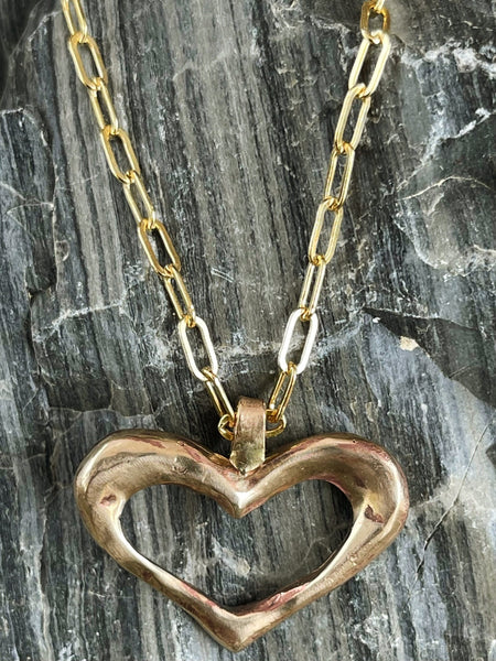 Bronze Large Organic Heart Pendant on 14K GF Paper Clip Chain