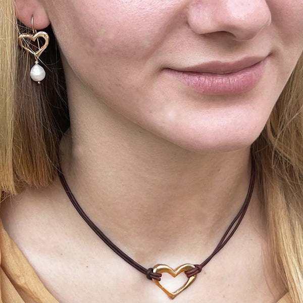 Handmade Bronze Heart Necklace on 1.5 MM Antique Brown Leather Cord with Loop and Pearl Closure