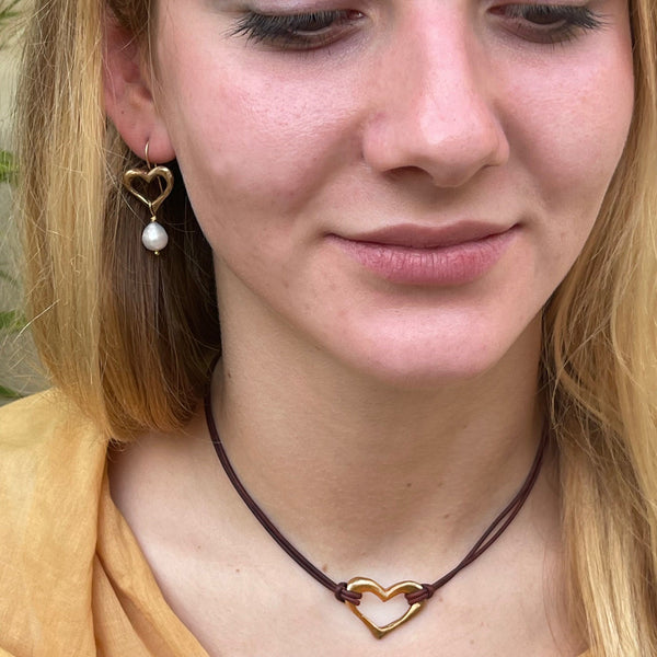 Handmade Bronze Heart Necklace on 1.5 MM Antique Brown Leather Cord with Loop and Pearl Closure
