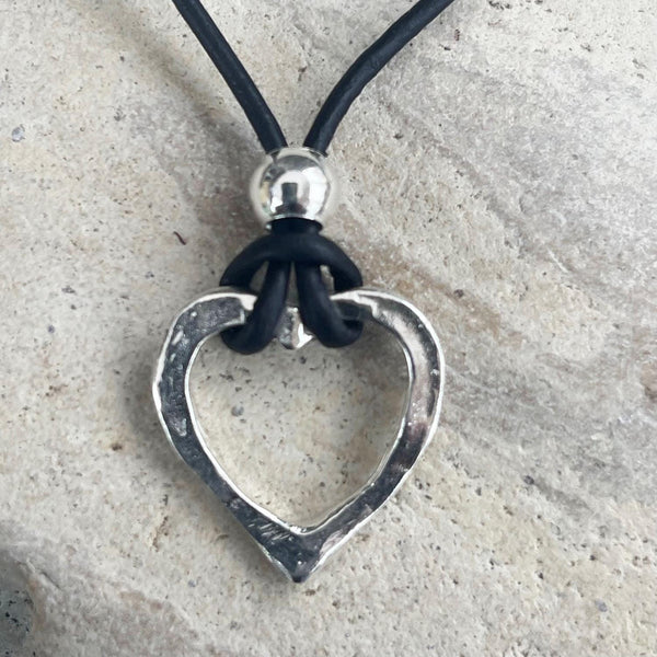 Handmade Bronze Heart Necklace on 1.5 MM Antique Brown Leather Cord with Loop and Pearl Closure