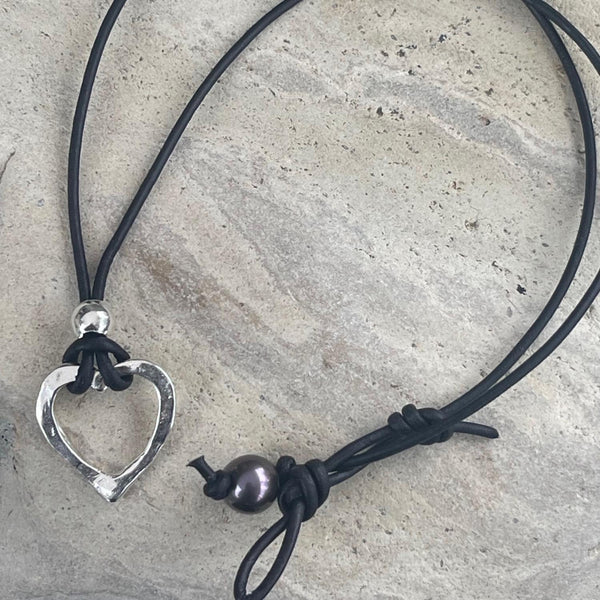 Handmade Bronze Heart Necklace on 1.5 MM Antique Brown Leather Cord with Loop and Pearl Closure