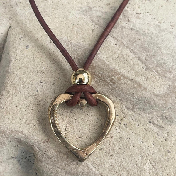 Handmade Bronze Heart Necklace on 1.5 MM Antique Brown Leather Cord with Loop and Pearl Closure
