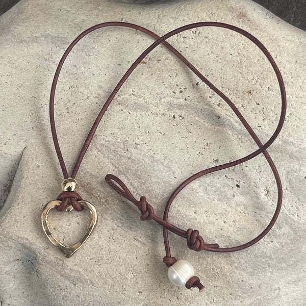 Handmade Sterling Silver Heart Necklace on 1.5 MM Antique Black Leather Cord with Loop and Pearl Closure