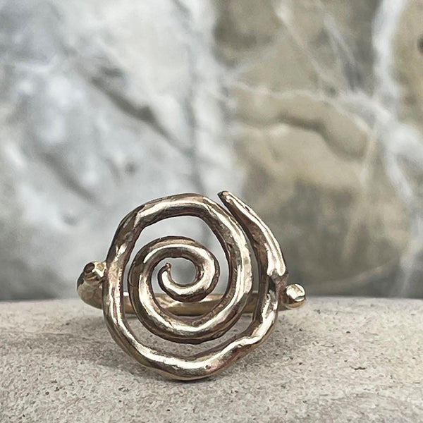 Cast Organic Bronze and 14K Gold Filled Spiral Ring