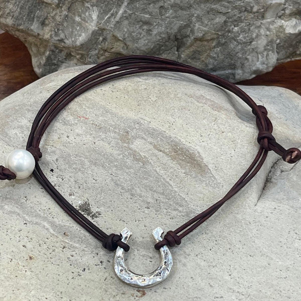 Handmade Organic Sterling Silver Horseshoe Leather Choker Necklace
