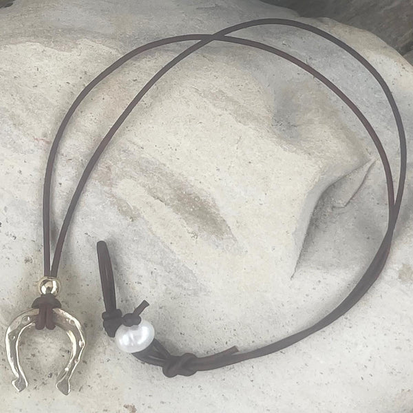 Handmade Organic Bronze Horseshoe Leather Necklace with Gold Filled Slider Bead