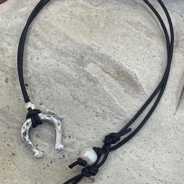 Handmade Organic Bronze Horseshoe Leather Necklace with Gold Filled Slider Bead