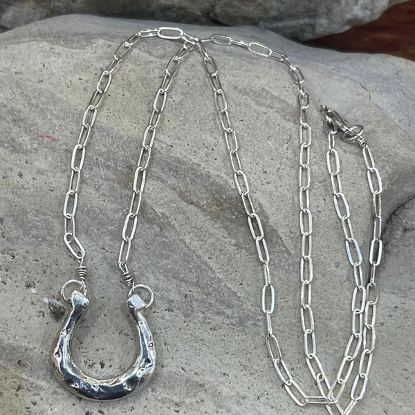 Handmade Organic Sterling Silver Horseshoe Necklace on Sterling Silver Paper Clip Chain