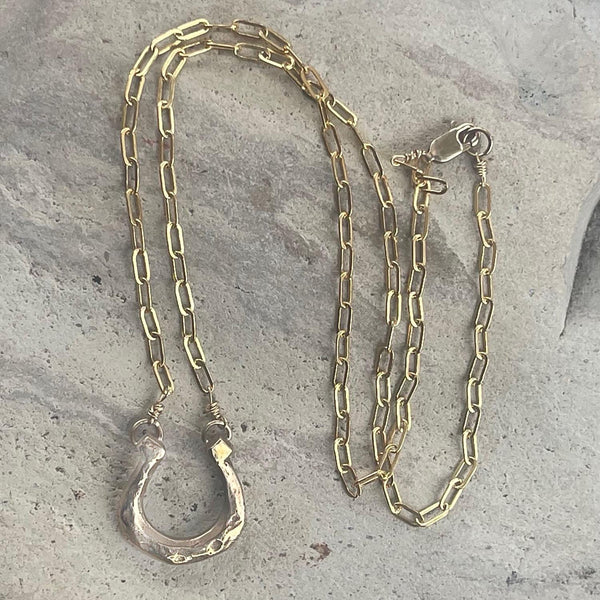 Handmade Organic Sterling Silver Horseshoe Necklace on Sterling Silver Paper Clip Chain