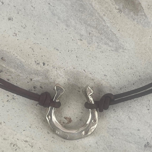 Handmade Organic Bronze Horseshoe Leather Choker Necklace