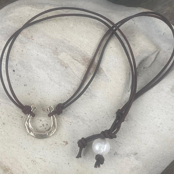 Handmade Organic Bronze Horseshoe Leather Choker Necklace