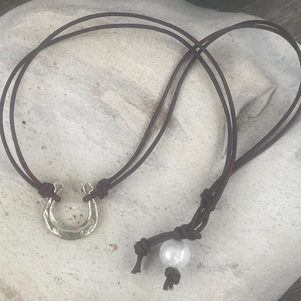 Handmade Organic Sterling Silver Horseshoe Leather Choker Necklace