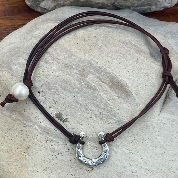 Handmade Organic Sterling Silver Horseshoe Leather Choker Necklace