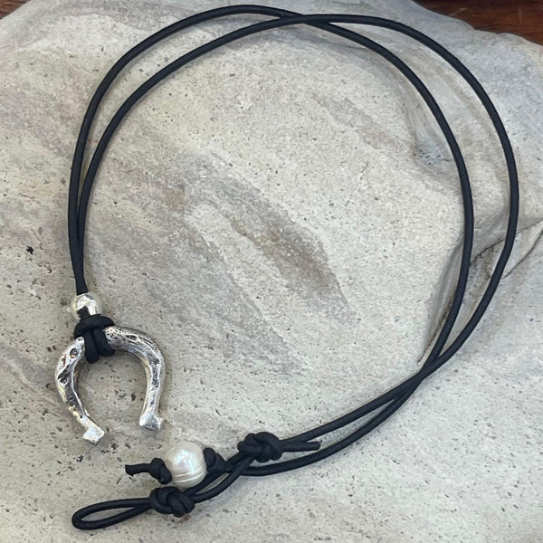 Handmade Organic Bronze Horseshoe Leather Necklace with Gold Filled Slider Bead