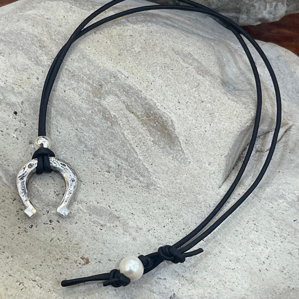 Handmade Organic Bronze Horseshoe Leather Necklace with Gold Filled Slider Bead