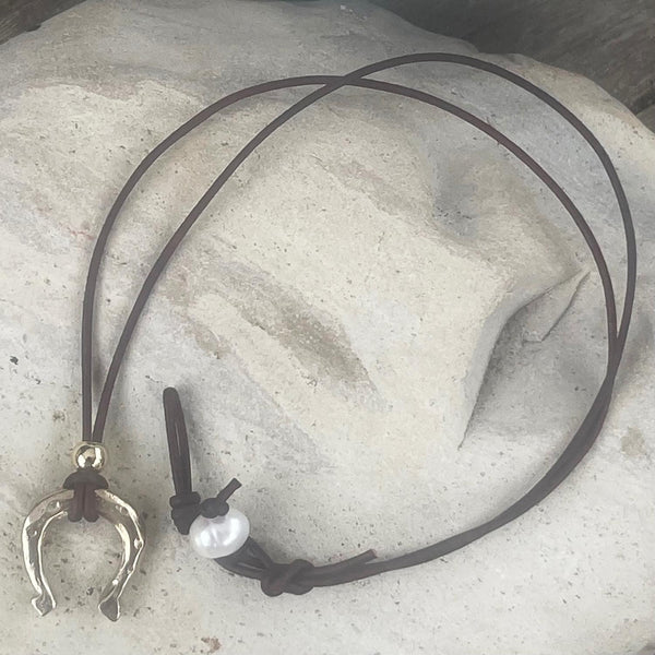 Handmade Organic Bronze Horseshoe Leather Necklace with Gold Filled Slider Bead