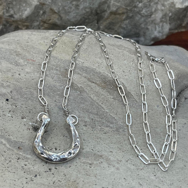 Handmade Organic Sterling Silver Horseshoe Necklace on Sterling Silver Paper Clip Chain