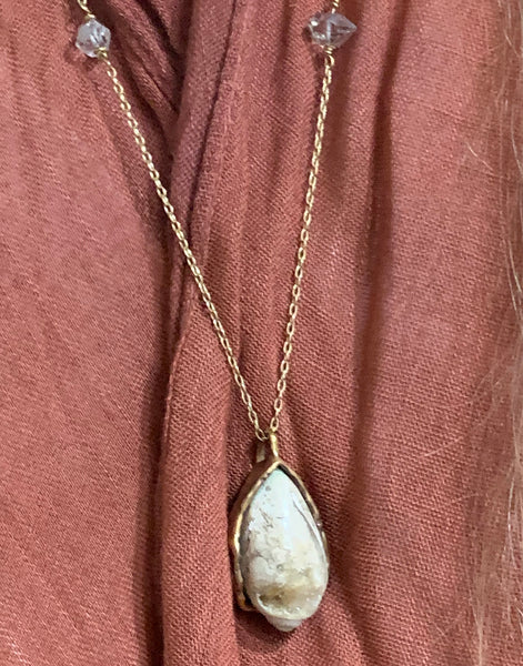 14K Gold Fill Fossilized Shell Pendant on Long Layering Necklace with Four Herkimer Diamonds