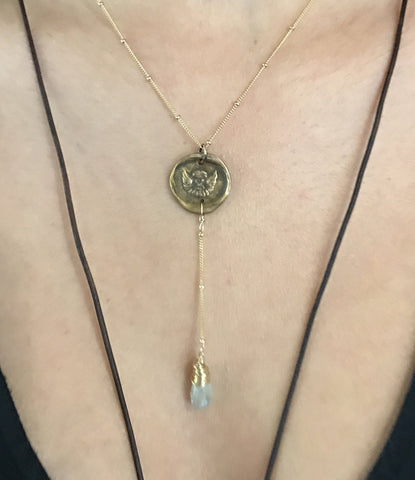 Handmade Gold Fill Guardian Angel Lariat Delicate Necklace with Aquamarine Drop