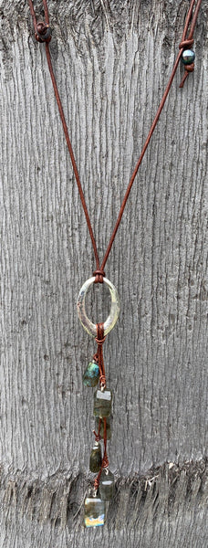 Handmade Sterling Silver Organic Hammered Oval Leather Adjustable Long Lariat Necklace with Variegated Labradorite Cluster